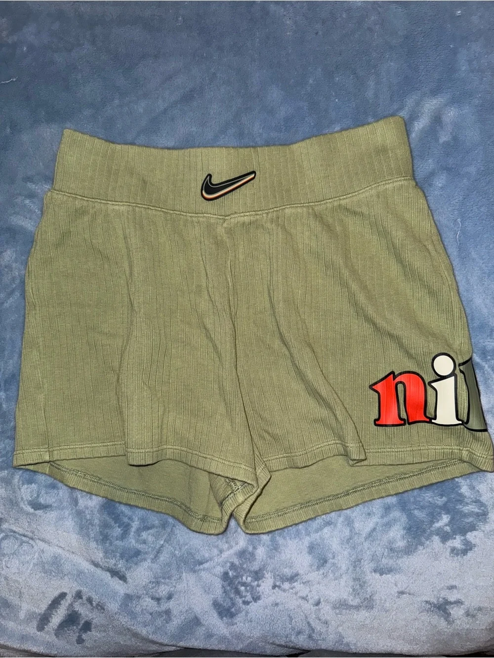 Nike Olive Ribbed High-Waist Athletic Shorts with Logo-Size Large
